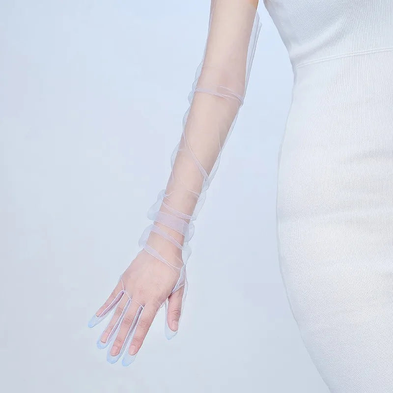 Women Long Sheer Tulle Gloves for Bridal Wedding Accessories Party Transparent Finger Gloves