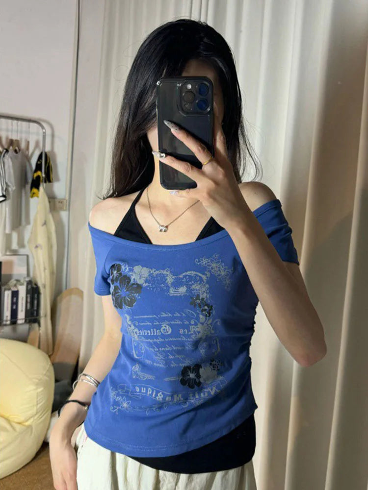 Vintage Fake Two Piece Halter Lace Up T-shirts Y2k Slim Fit Print Tops Women Off Shoulder Short Sleeve Tee Shirt