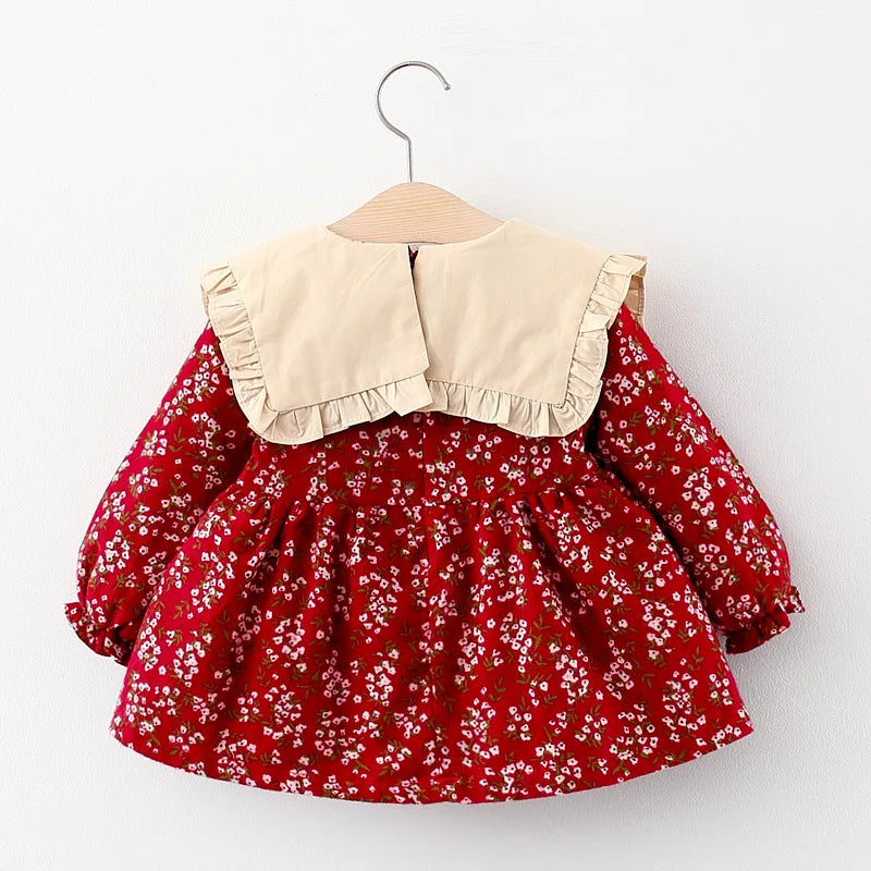Girls' Autumn New Dress Children's Solid Large Polo Neck Long Sleeve Princess Dress Girls' Bow Spring and Autumn Dress