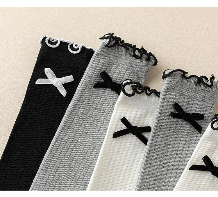 1 Pair Chic Simplicity Kids Girl Sock Sweet Fashion Bow Ruffle Bow Children Girl Calf Sock Spring Autumn Cotton School Sock
