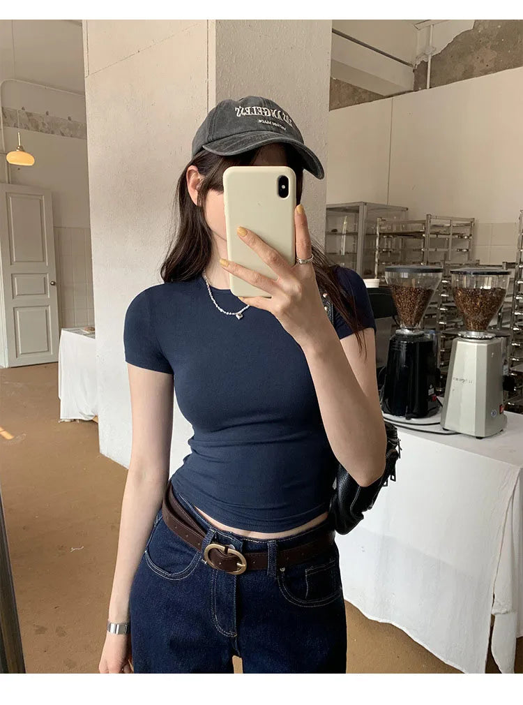 Women's Basic Solid Crop Top Short Sleeve Crewneck Skinny T-shirt Summer Casual Y2K Vintage Harajuku Streetwear