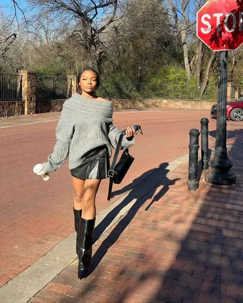 Tuularose Women's Off-Shoulder Sweater Fashion Loose Casual Brown Retro Pullover Spring High Street Office Lady Tops Knitwear