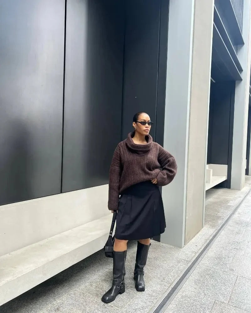 Tuularose Women's Off-Shoulder Sweater Fashion Loose Casual Brown Retro Pullover Spring High Street Office Lady Tops Knitwear