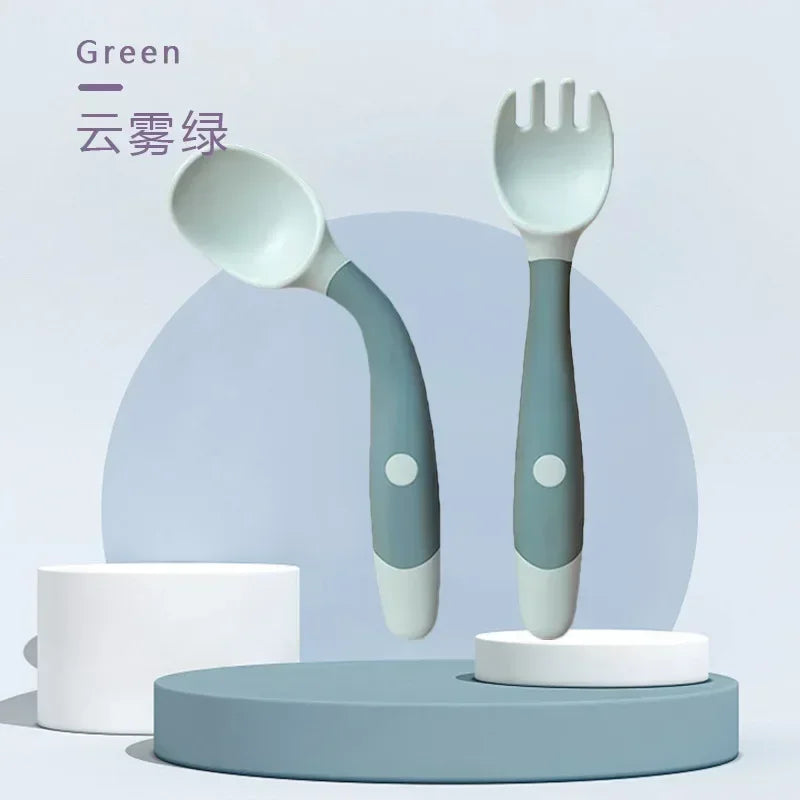 Baby Children Spoon Fork Set Soft Bendable Silicone Scoop Fork Kit Tableware Toddler Training Feeding Cutlery Utensils Tableware