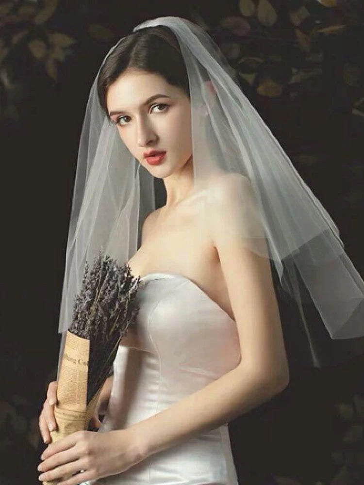 Simple 2 Tiers Fingertip Bridal Veils Cut Edge Tulle Veil with Comb Marriage Accessories