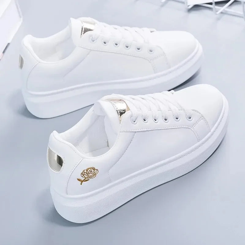 Fashion White Breathable Women Running Shoes 2023 Spring Autumn Embroidered Flower Lace-Up Casual Sneakers Zapatos De Mujer