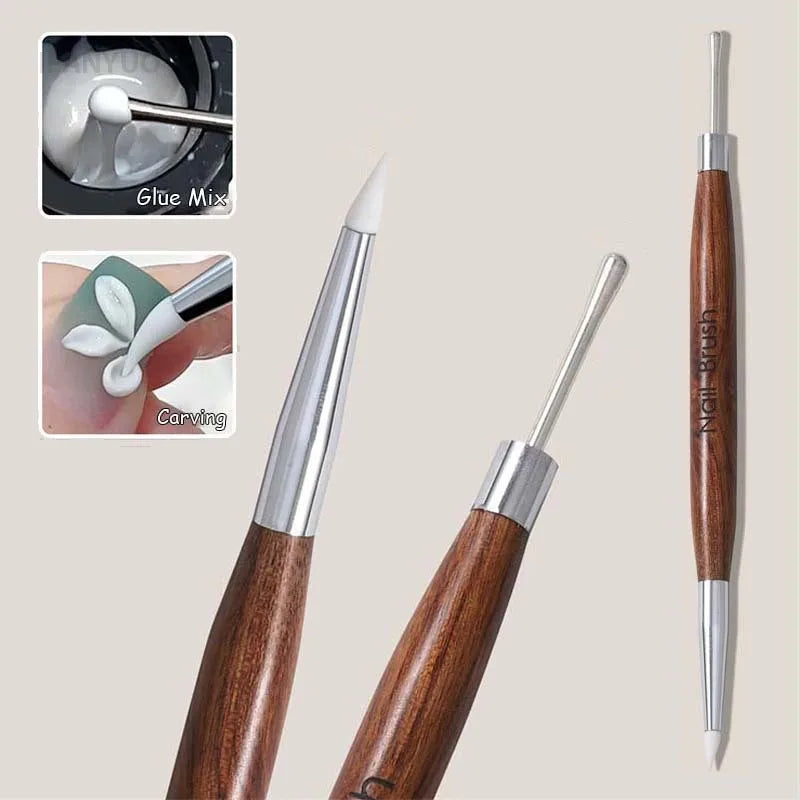 Double Head Nail Art Brush Silicone Spatula Brush Carving Flower Painting Pen Stainless Steel UV Glue Mixed DIY Manicure Tools