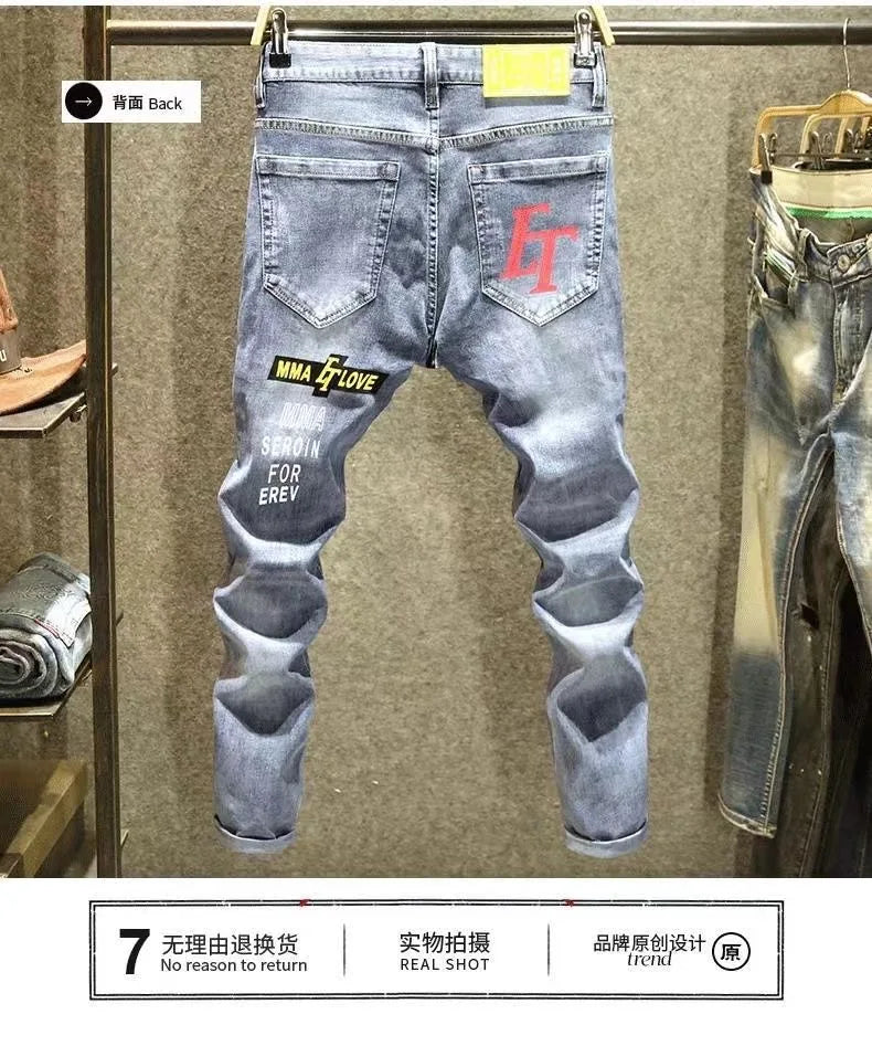 Autumn and Spring Printed Straight Leg Vintage Sports Denim Pants for Men Casual Comfortable High Quality Elastic Denim Pants