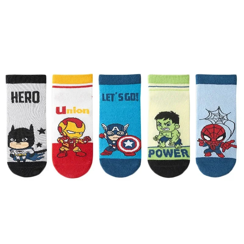5 Pairs Spiderman Cotton Children's Socks iron Man Hulk Thor Anime kids Boys Short Socks Cartoon Baby Spring Summer Short Socks