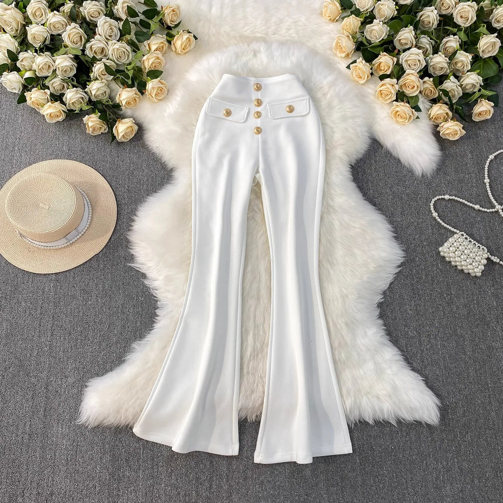 White Micro Flared Pants Spring Summer High Waist Metal Button Slim Fit Floor Length Trousers Elegant Commuting Suit Pants Women