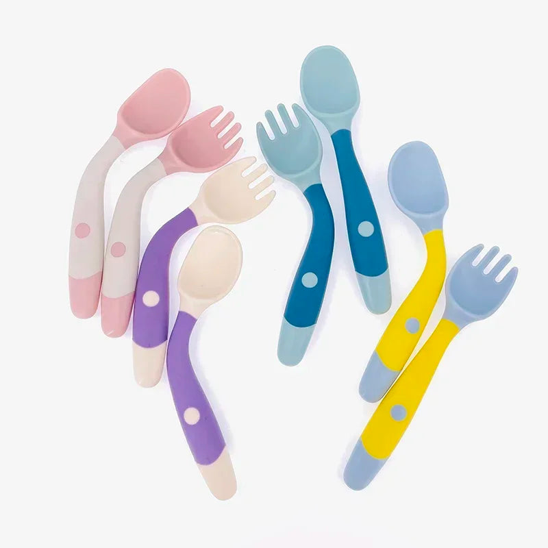 Baby Children Spoon Fork Set Soft Bendable Silicone Scoop Fork Kit Tableware Toddler Training Feeding Cutlery Utensils Tableware