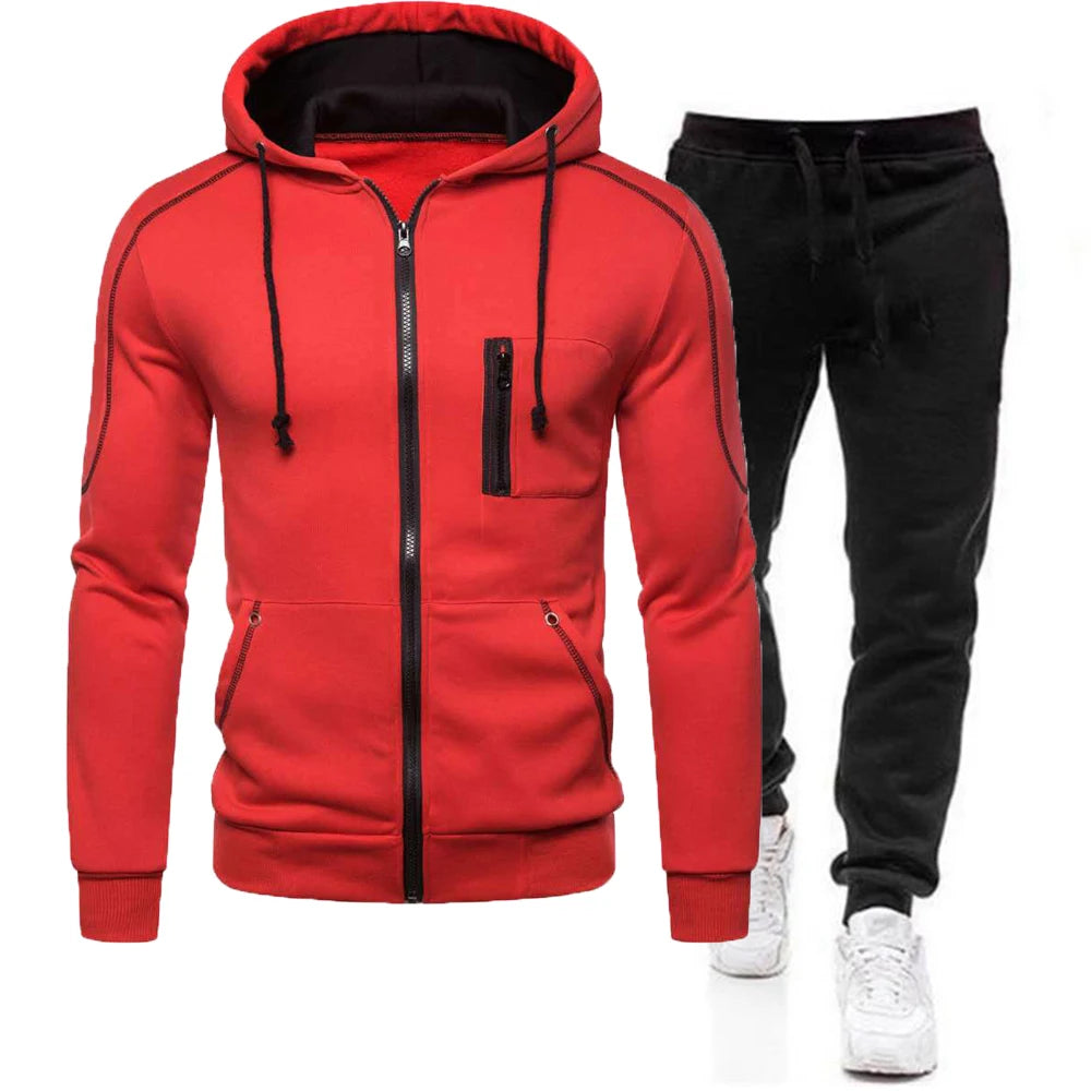 Men tracksuit zipper hood multi-pocket and protective pants casual jogging tracksuit fall/winter 2-piece setLarge size S-3XL