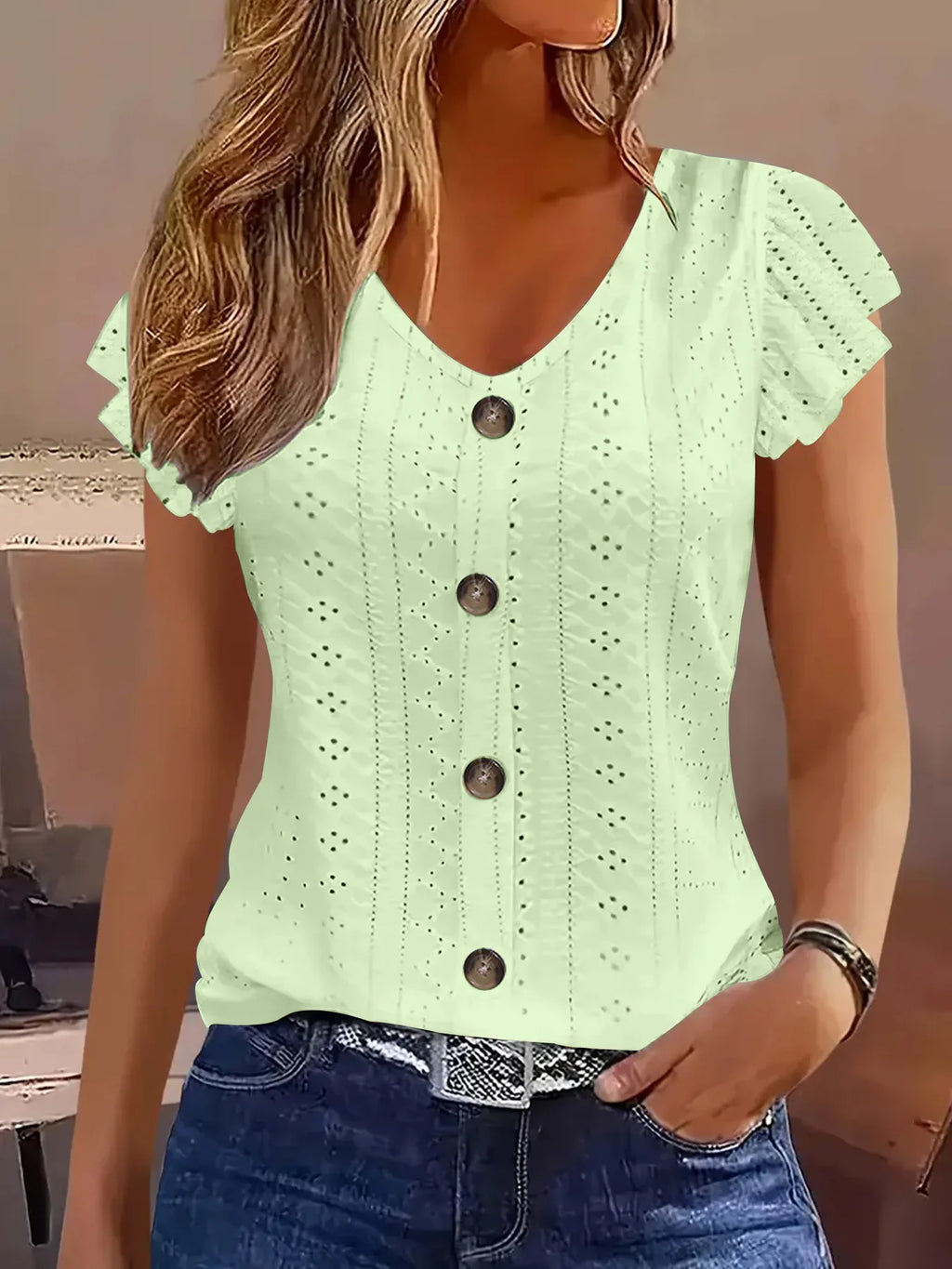 2025 Women's Sexy Tops Casual Solid Color V Neck Short Sleeve Shirts Summer Women's Button Casual Ladies Loose Fashion Blouses