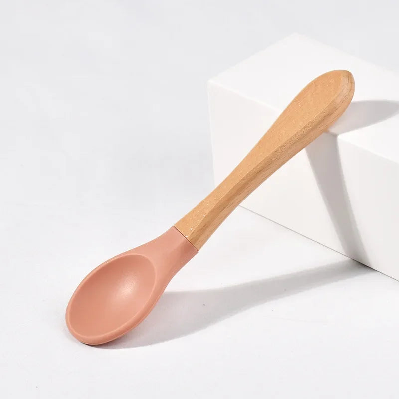 Spoons Baby Feeding Spoon Fork Wooden Handle Spoon Fork Set Soft Silicone Tip Spoon Fork BPA Free Food Grade Infant Toddlers