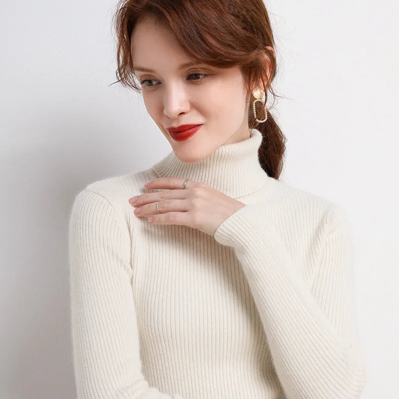 Autumn and winter new Korean slim fit women's pullover sweater knitted sweater pull up women's high neck sweater women