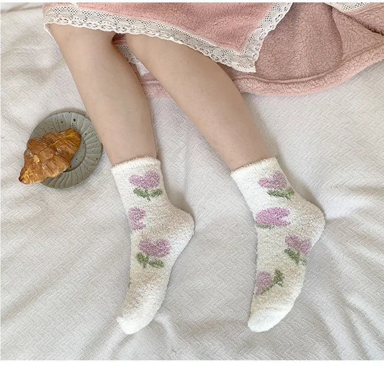Japanese Kawaii Cute Socks Autumn Winter Thicken Warm Soft Plush Women Socks Coral Fleece Thermal Homewear Floor Sleeping Socks