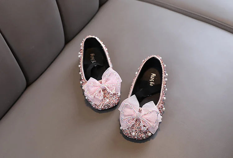Girls Princess Shoes Glitter Luxury Party Shallow Children Ballet Flats 21-36 Elastic Band Fashion Lace Bowknot Kids Dance Shoes