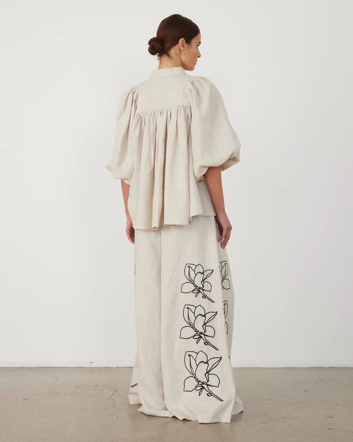 Women Lounge Sets Cotton Linen Stand Collar Lantern Sleeve Loose Flower Tops Wide Leg Oversize Pants Suit Casual Women Outfits