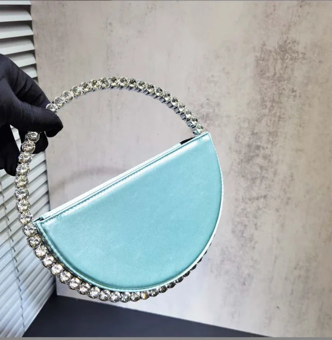 Lady Blue/Pink Diamond Circular Evening Bag Women Fushia Round Handle Rhinestone Dinner Clutch Purse Ladies Half Moon Handbags