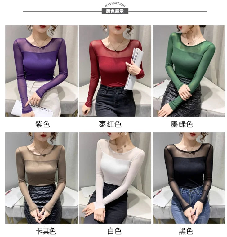 Autumn Winter Round Neck T shirt Women Sexy Mesh Bottoming Shirt Long Sleeve Solid Color Slim Fit Long Sleeve Casual Tops