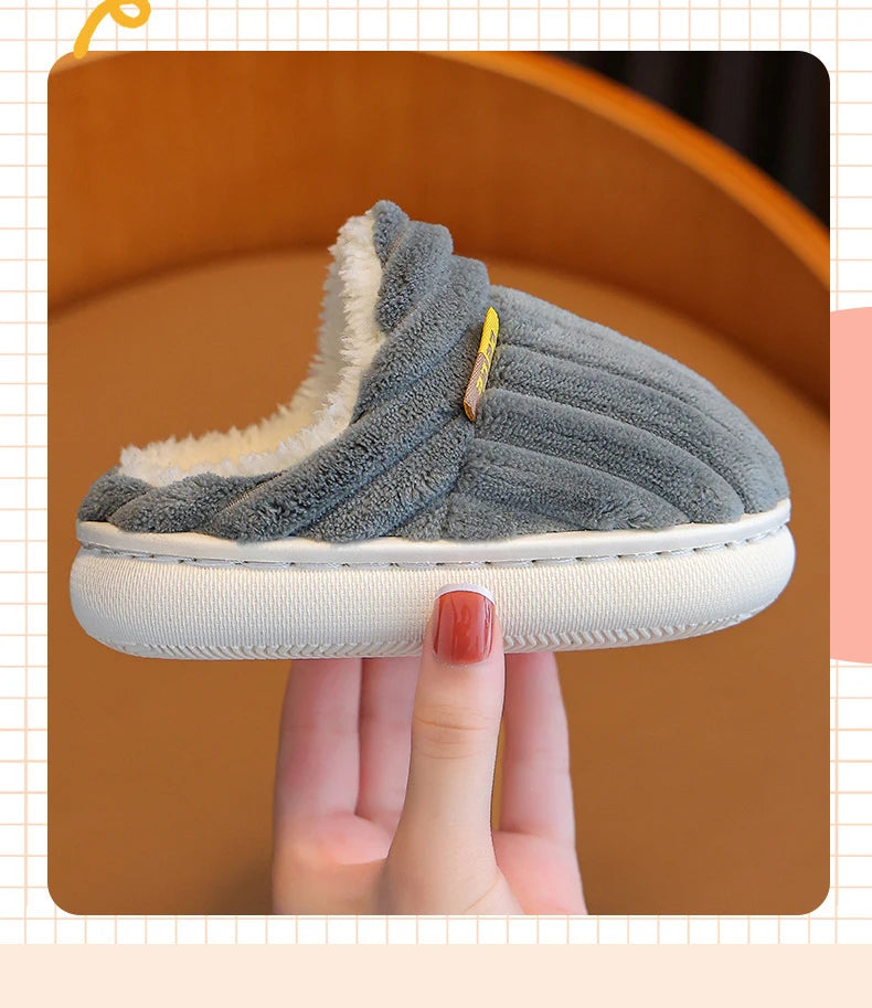 Winter children's cotton slippers for boys and girls, anti slip and warm bags, and parent-child fuzzy and plush home baby cotton