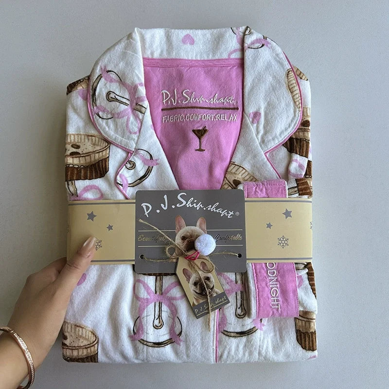 Autumn Winter Women PJS Cotton Ground Wool Sleepwear Warm Thick Cartoon Long Sleeve Pants Pajamas Ladies Homewear Month Clothes