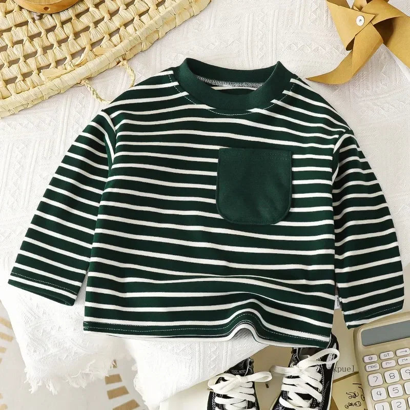 baby Striped Tshirt Boys Girls New Casual Loose Tees New Design Long Sleeve Solid Color Tops Keep Warm in Autumn and Winter