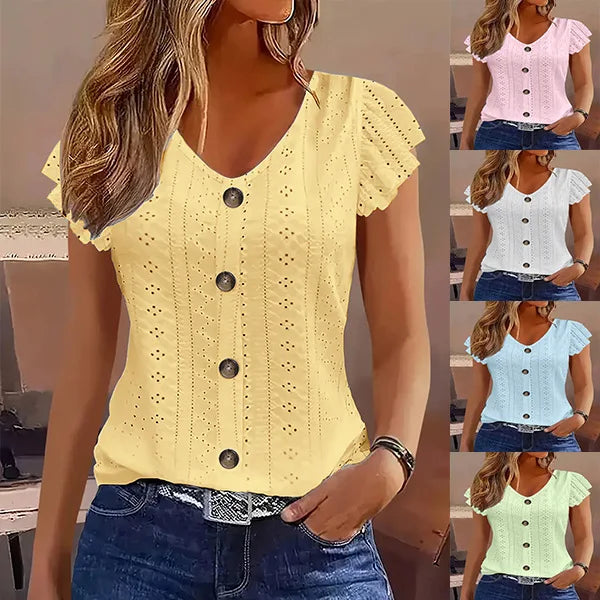 2025 Women's Sexy Tops Casual Solid Color V Neck Short Sleeve Shirts Summer Women's Button Casual Ladies Loose Fashion Blouses