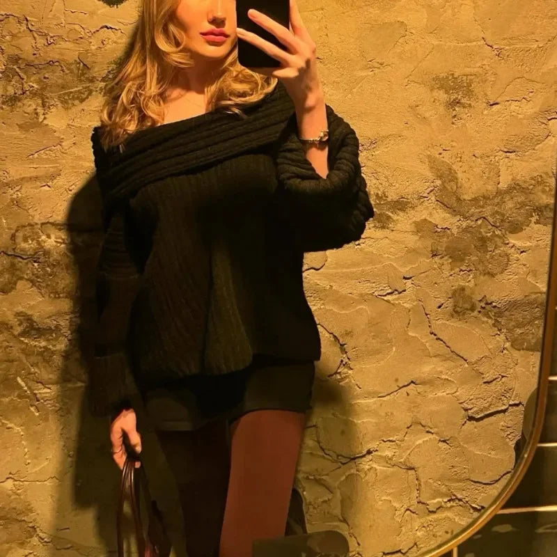 Tuularose Women's Off-Shoulder Sweater Fashion Loose Casual Brown Retro Pullover Spring High Street Office Lady Tops Knitwear
