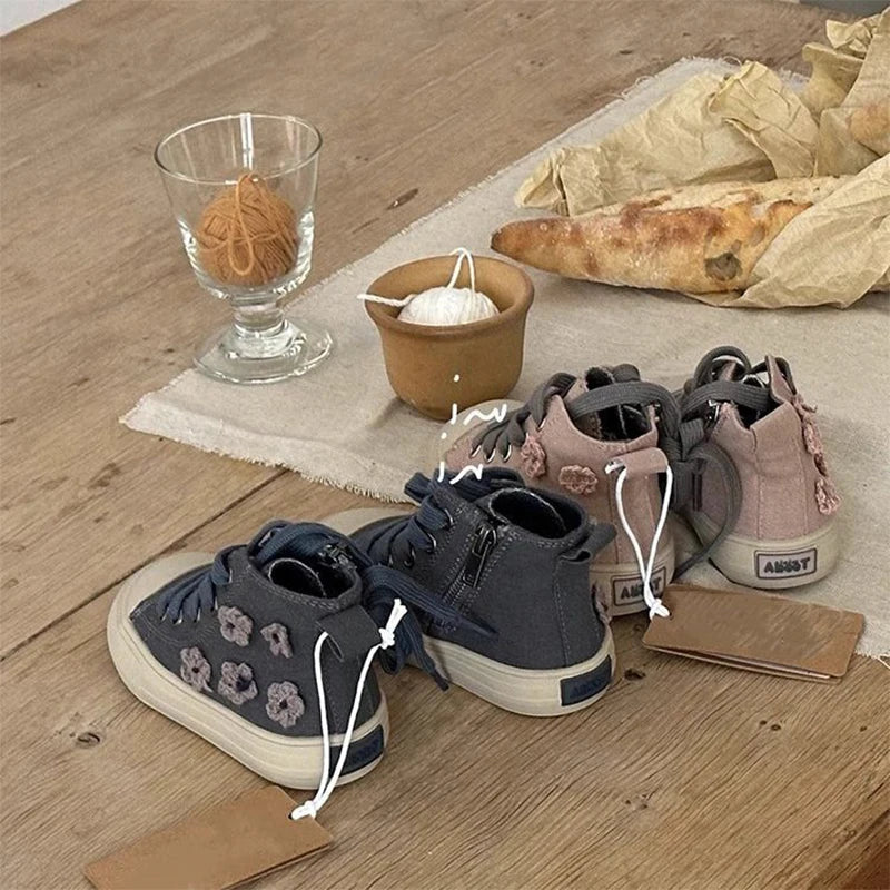 Children High Top Canvas Shoes Baby Soft Casual Shoes Boys Girls Fashion Anti-slip Side Zip Sneakers