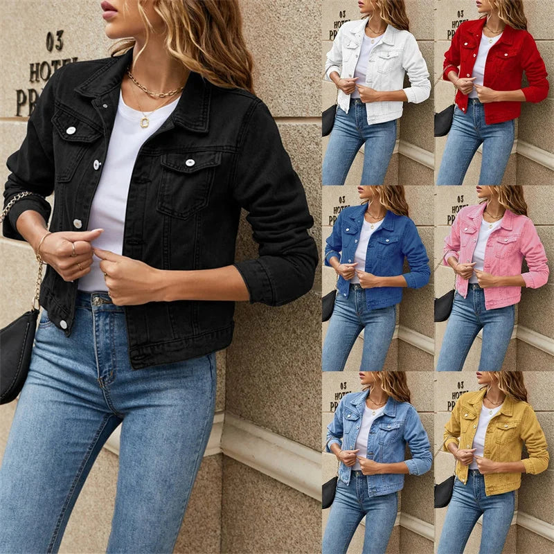 2023 Women's Short Denim Jackets Fashion Female Casual Long Sleeve Lapel Solid Button Pocket Slim Jean Jacket Fall Winter Coat