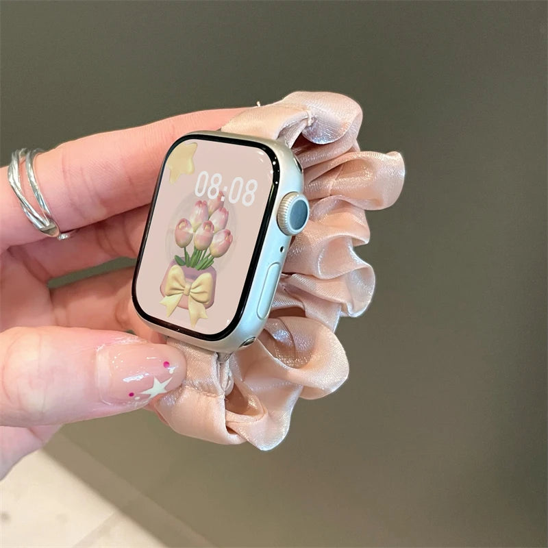 INS Chiffon Ice Silk Elastic Scrunchie Strap For Apple Watch 7 8 6 5 4 Slim Girl Band Loop Bracelet For iWatch 41mm 40 44 45 49