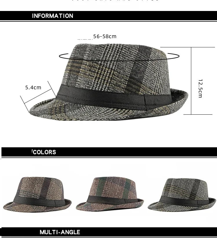 Spring Summer New Vintage Checked Top Hat Men's Middle-aged and Elderly Woolen Gentleman's Hat Jazz Hat