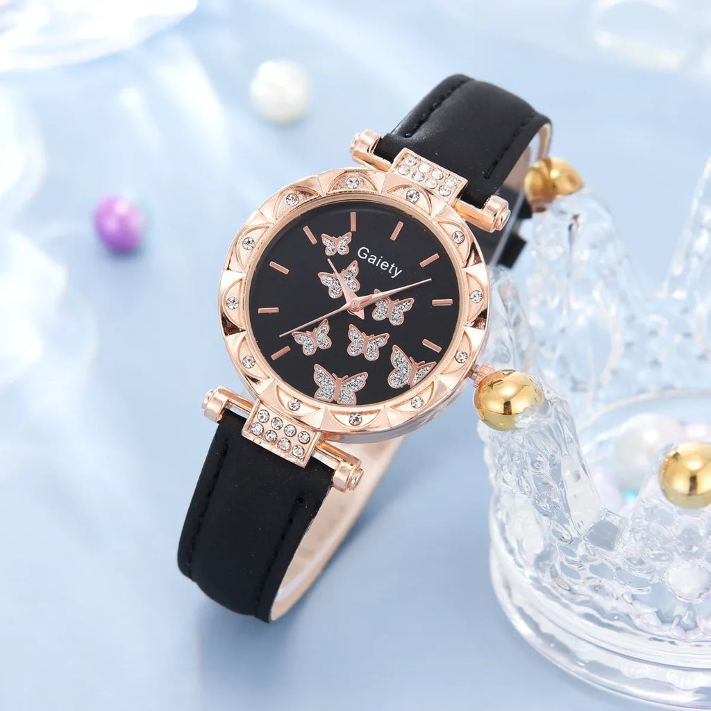6/1pcs Set Watch for Women Cute Butterfly Crystal Rhinestone Women Watches Ring Necklace Earrings Bracelet Set (No Box) 시계