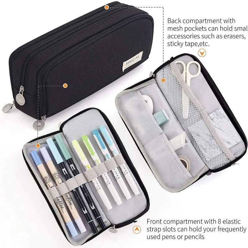 Kawaii Large Capacity Pencil Case 3 Compartment Pouch Pen Bag Double Side Opening Students Stationery Organizer School Supplies