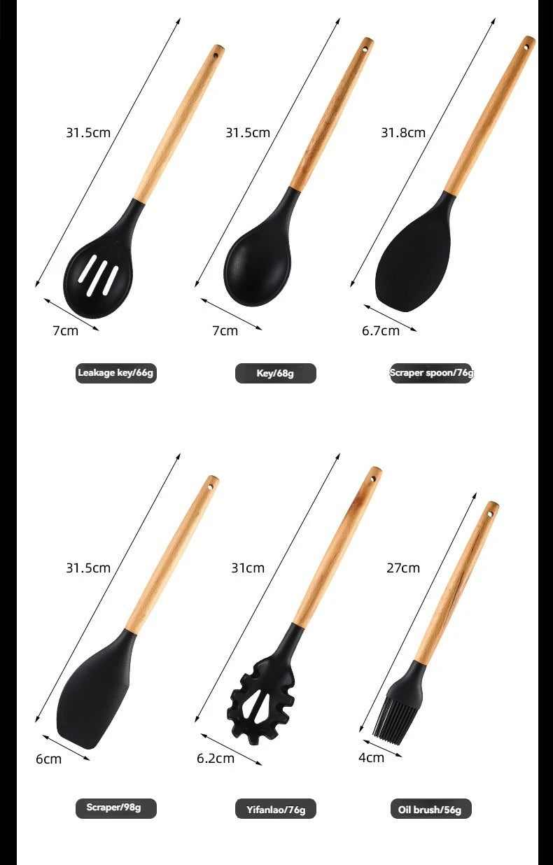 Kitchen Tools Set Wooden Handle Nonstick Pan Food Grade Cooking Silicone Storage Kit Stir Fry Baking Kitchen Set