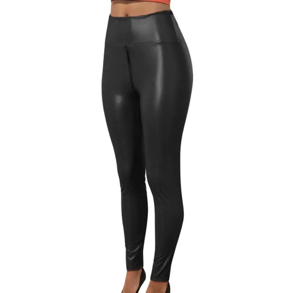 Women Pants Skinny Tummy Control Faux Leather Zipper Open Crotch Lady Trousers Butt-lifted Matte Exotic Bodycon Trousers
