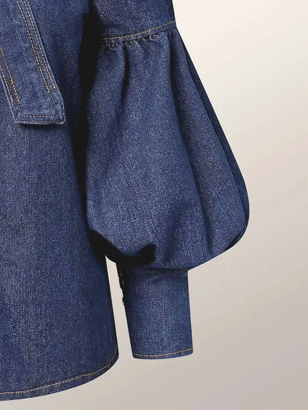 Beautyblue Elegant Women's Imitation Denim Blouse Tops Spring 2025 New Fashion Puff Sleeves Bow-Embellished Female Shirts S-3XL