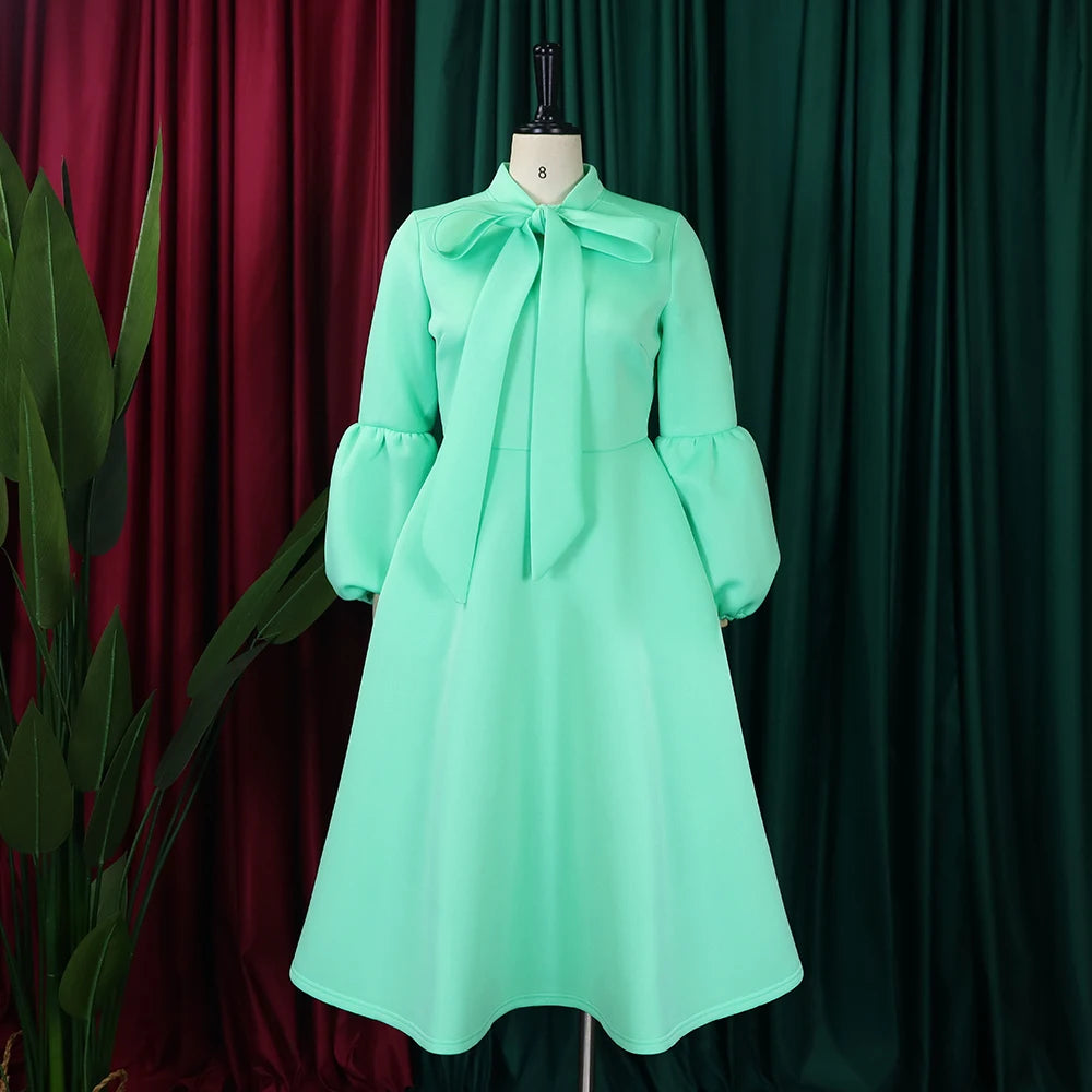 Elegant Dresses for Women Bow Collar Full Sleeve High Waisted A Line Mid Calf Luxury Female Birthday Party Dinner Vestidos Mujer