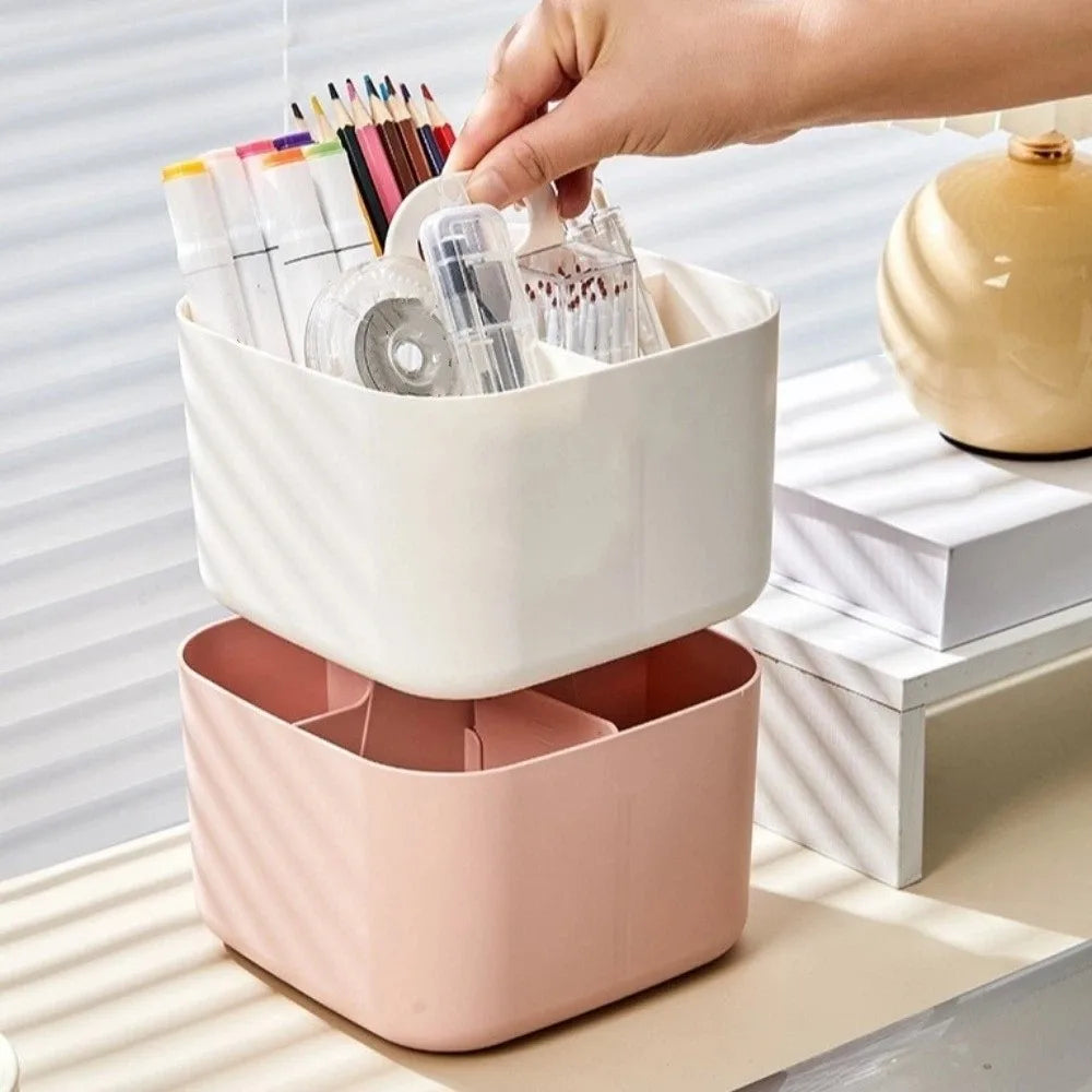Plastic Cosmetic Organiser Multi-compartment Divider Sorting Split Pen Organiser with Handle Desk Storage Basket Bathroom