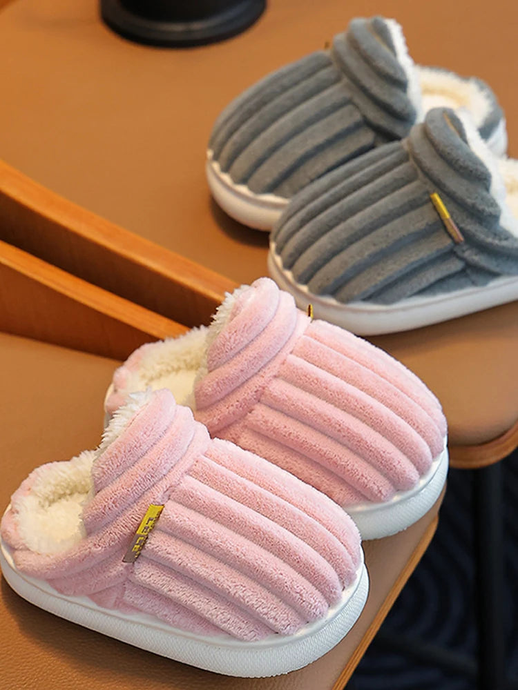 Winter children's cotton slippers for boys and girls, anti slip and warm bags, and parent-child fuzzy and plush home baby cotton