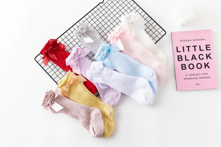Simmer Spring Mesh Thin Cotton Korean Bow White Stockings Baby Princess Knee High Long Socks with Lace Ruffles for Newborn Girls