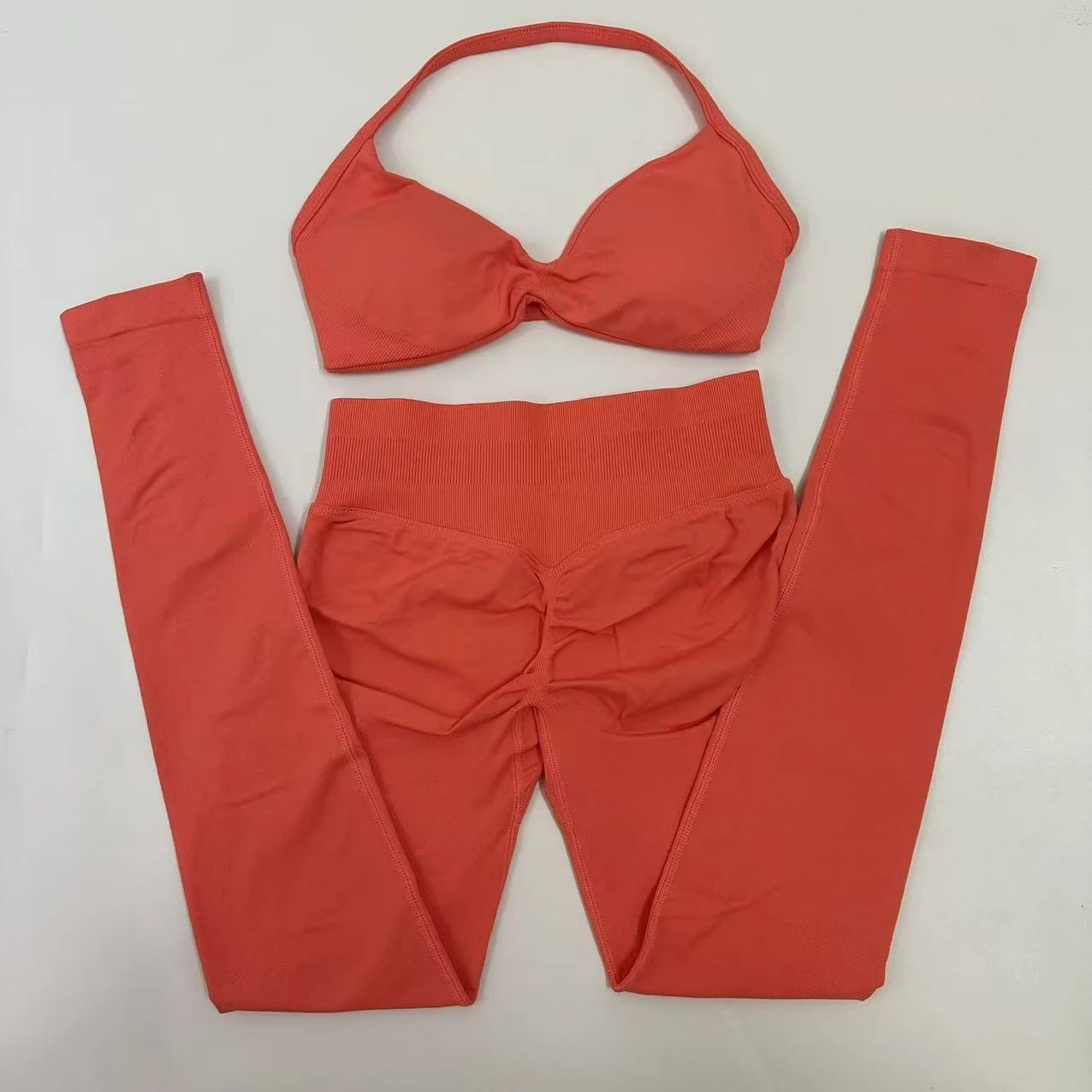 Seamlessyoga Set Women Workout Scrunch Leggings Set Strappy Halter Sports Bra Fitness Gym Clothing Workout Set 2 Pieces