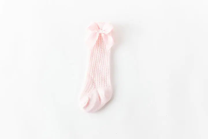 Simmer Spring Mesh Thin Cotton Korean Bow White Stockings Baby Princess Knee High Long Socks with Lace Ruffles for Newborn Girls