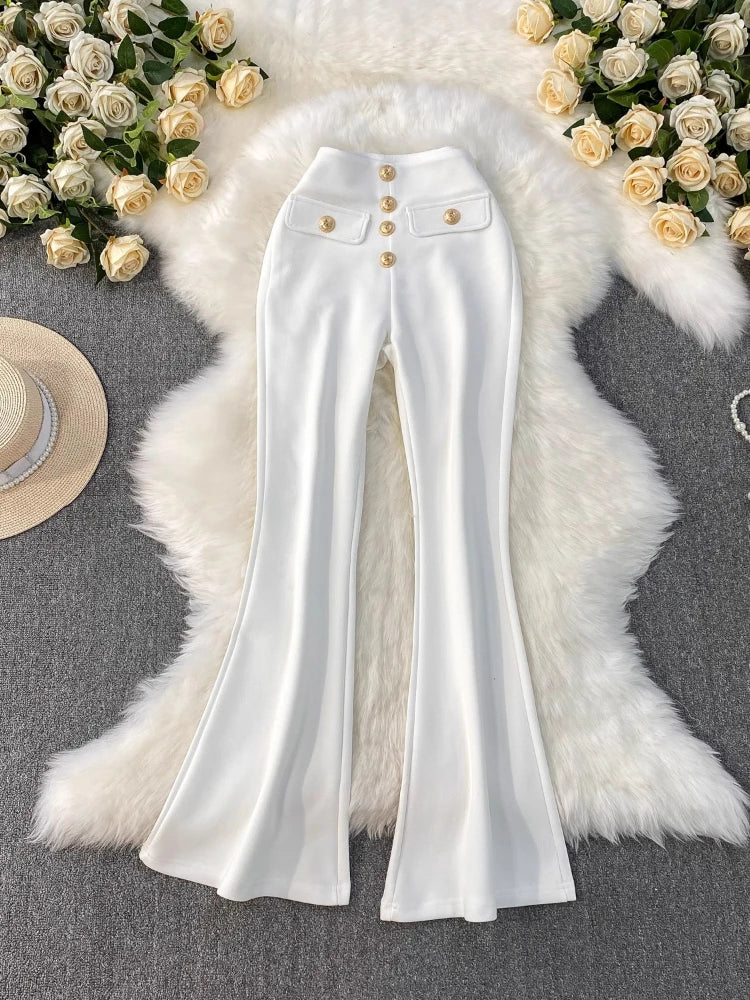 White Micro Flared Pants Spring Summer High Waist Metal Button Slim Fit Floor Length Trousers Elegant Commuting Suit Pants Women