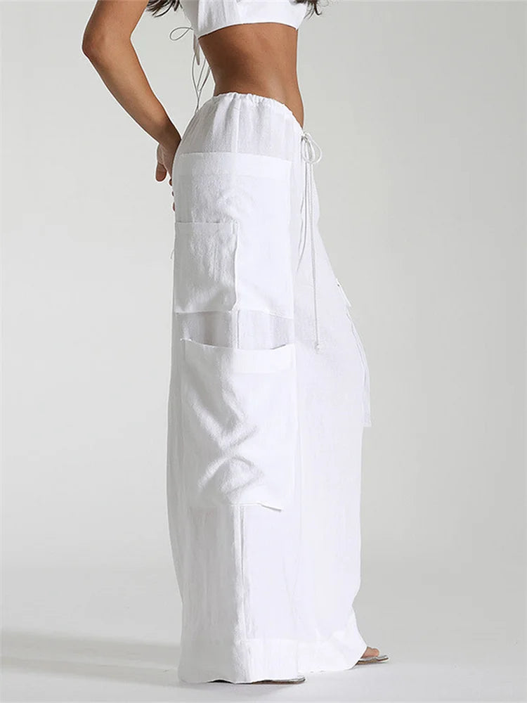 Women's Loose Cargo Pants Solid Color Drawstring Wide Leg Trousers with Pockets Casual Sweatpants Streetwear