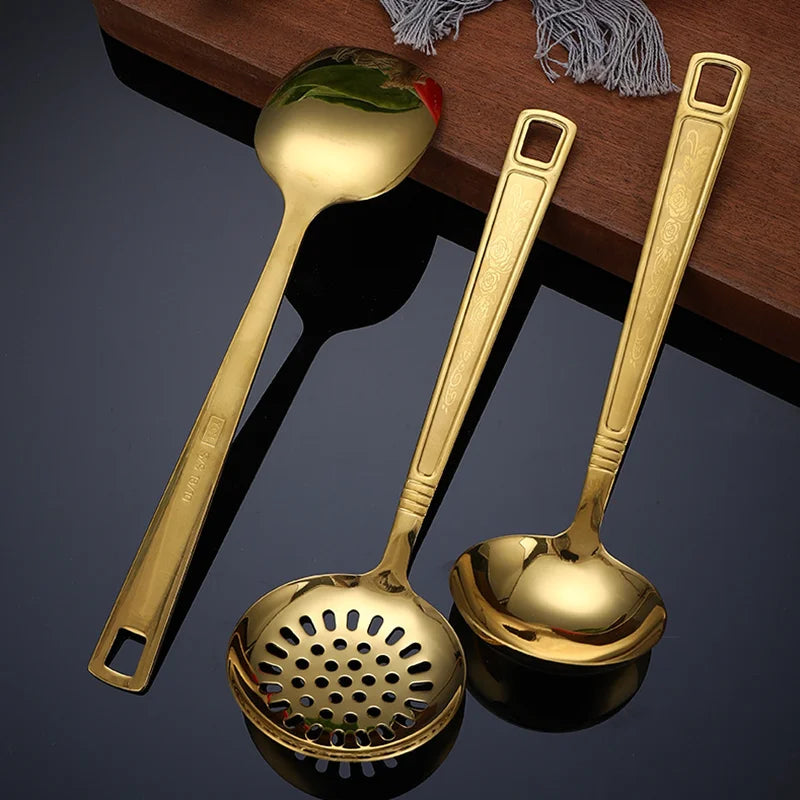 Stainless Steel Kitchen Gold Cooking Utensils Hollow Shovel Spatula Large Salad Spoon Fork Stirring Serving Tableware