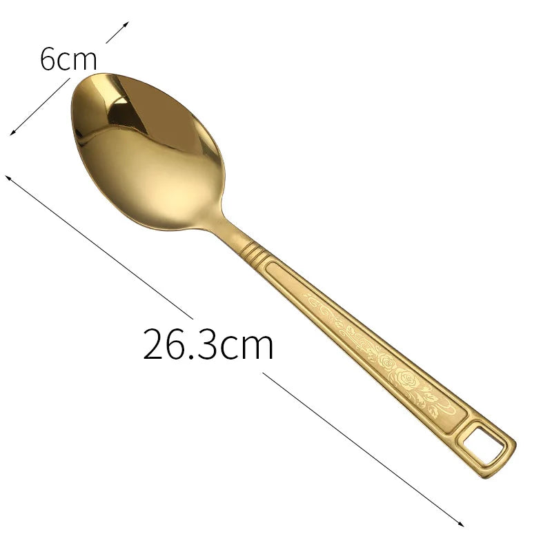 Stainless Steel Kitchen Gold Cooking Utensils Hollow Shovel Spatula Large Salad Spoon Fork Stirring Serving Tableware