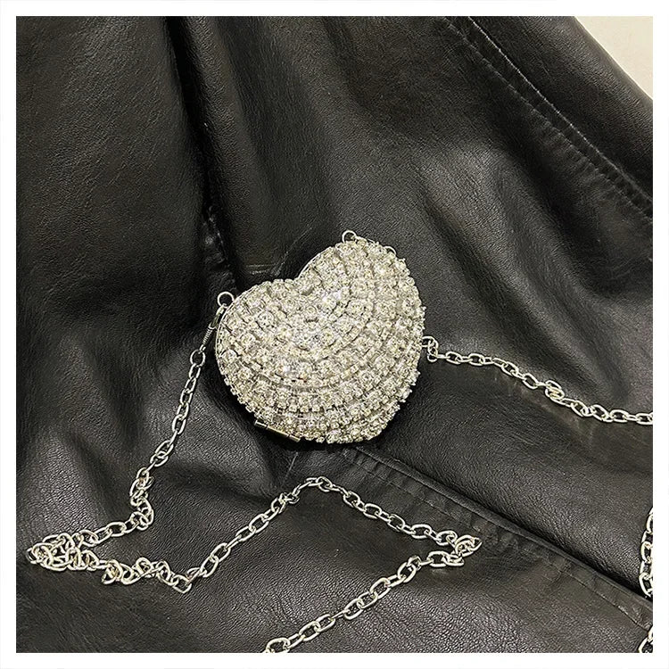 Luxury Mini Diamond Inlay Heart Shape Crystal Clutch Purse Stones Evening Wedding Party Shoulder Bag Handle Rhinestone Handbags