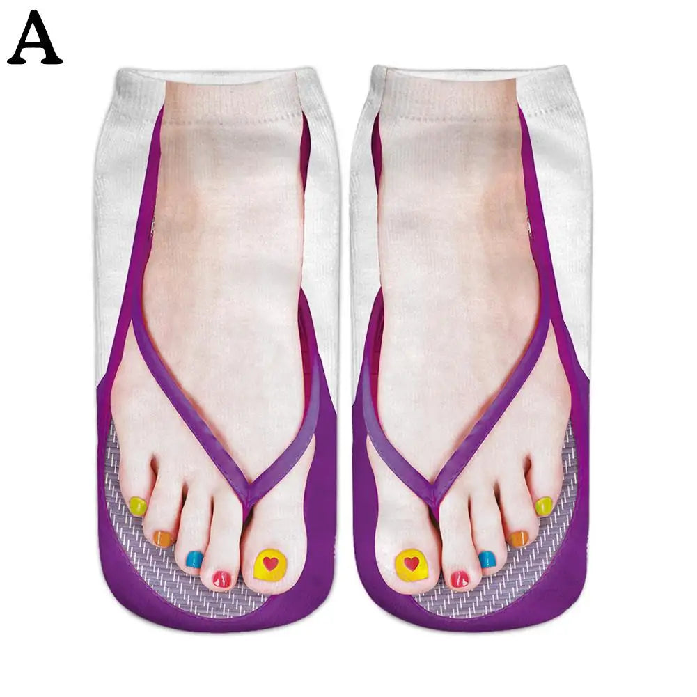 1 Pair 3D Printing Pattern Flip Flop Socks Funny Socks for Women Flip-flop Ankle Socks Low Cut Floor Socks Hosiery Novelty Gifts